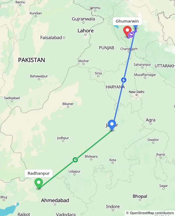 Route map showing distance and travel time from Radhanpur, India to Ghumarwin, India
