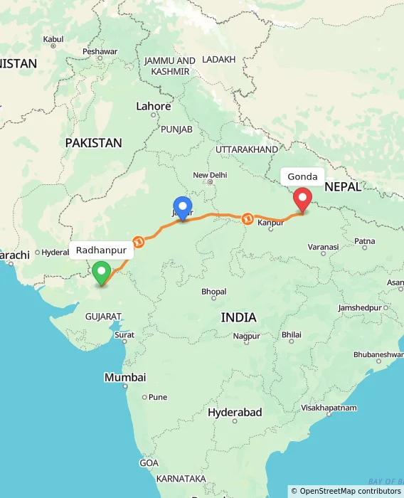 Route map showing distance and travel time from Radhanpur, India to Gonda, India