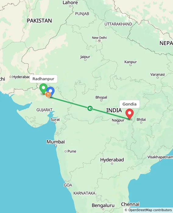 Route map showing distance and travel time from Radhanpur, India to Gondia, India