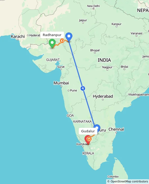 Route map showing distance and travel time from Radhanpur, India to Gudalur, India