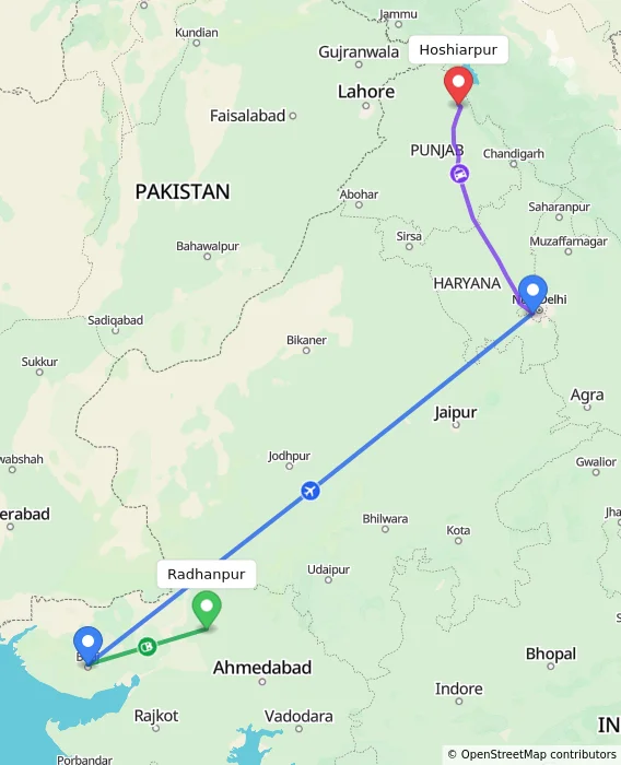 Route map showing distance and travel time from Radhanpur, India to Hoshiarpur, India