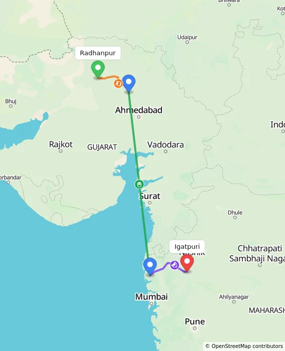 Route map showing distance and travel time from Radhanpur, India to Igatpuri, India