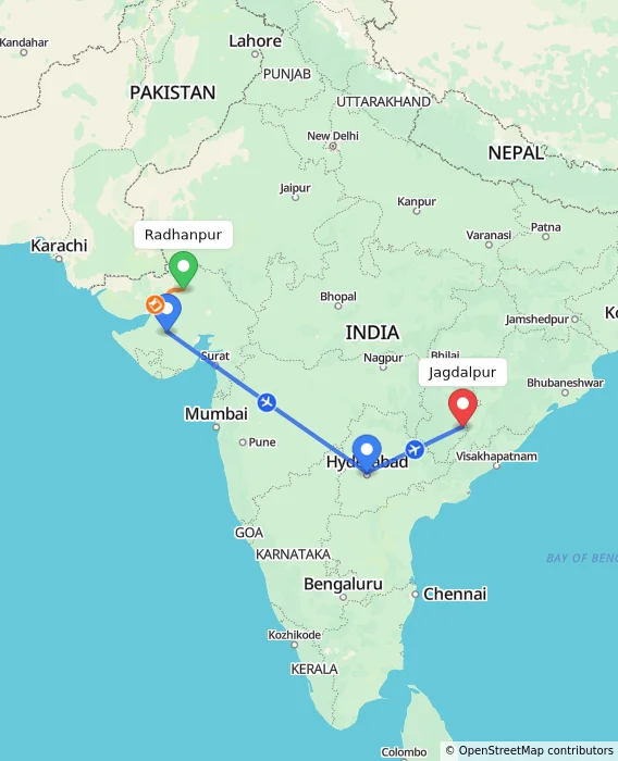 Route map showing distance and travel time from Radhanpur, India to Jagdalpur, India