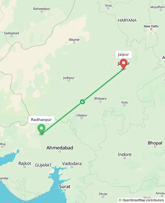 Route map showing distance and travel time from Radhanpur, India to Jaipur, India