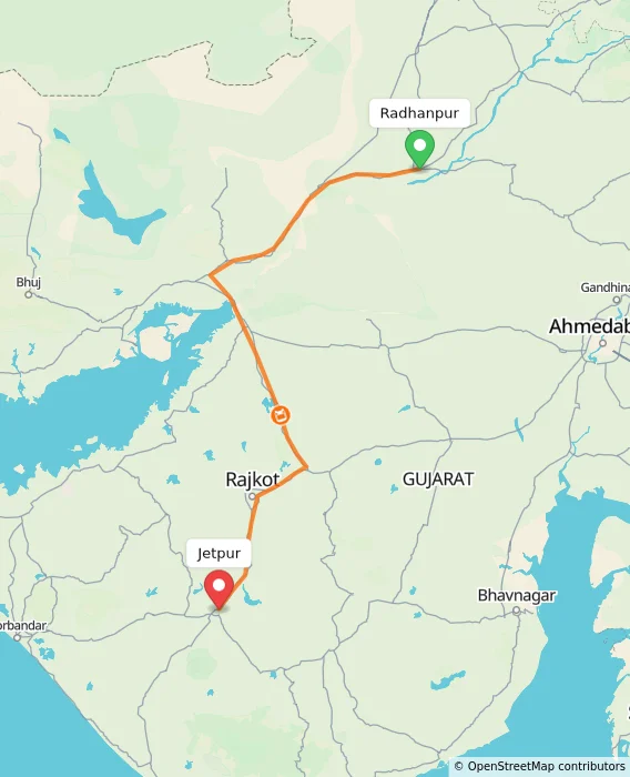 Route map showing distance and travel time from Radhanpur, India to Jetpur, India