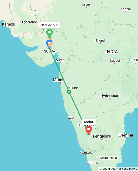 Route map showing distance and travel time from Radhanpur, India to Kadur, India