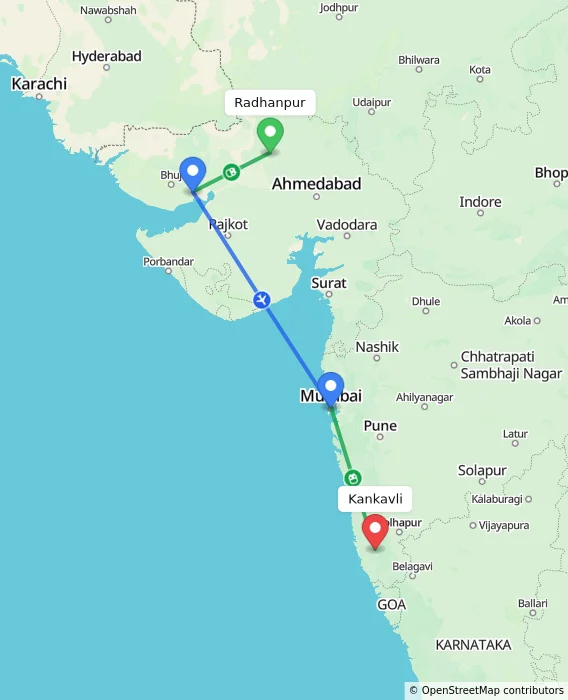 Route map showing distance and travel time from Radhanpur, India to Kankavli, India