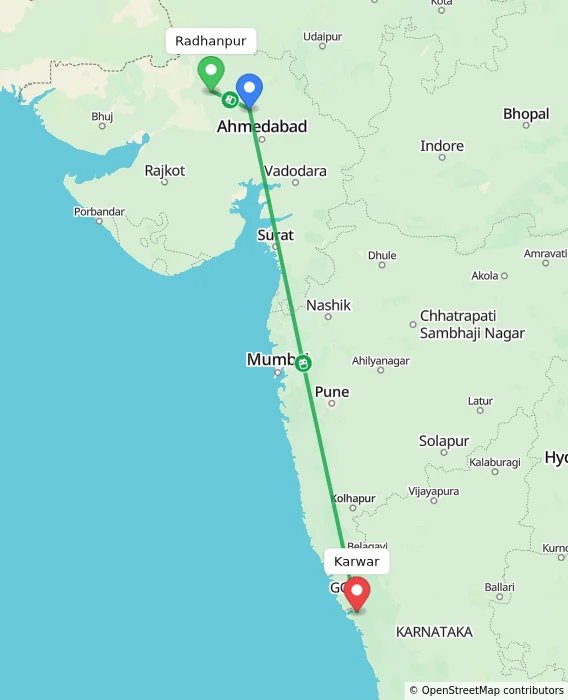 Route map showing distance and travel time from Radhanpur, India to Karwar, India
