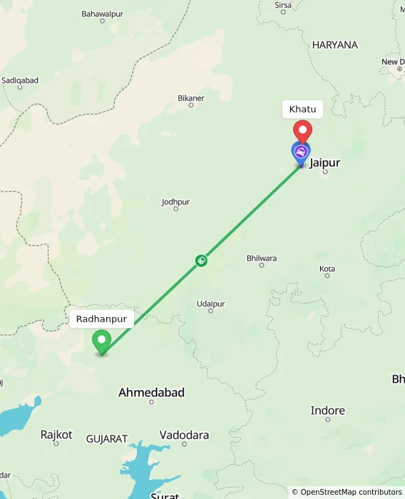 Route map showing distance and travel time from Radhanpur, India to Khatu, India