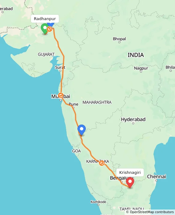Route map showing distance and travel time from Radhanpur, India to Krishnagiri, India