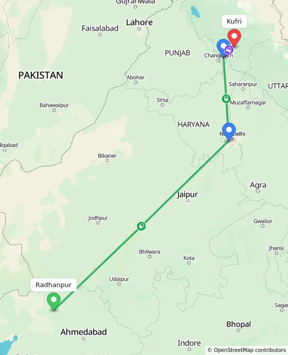 Route map showing distance and travel time from Radhanpur, India to Kufri, India