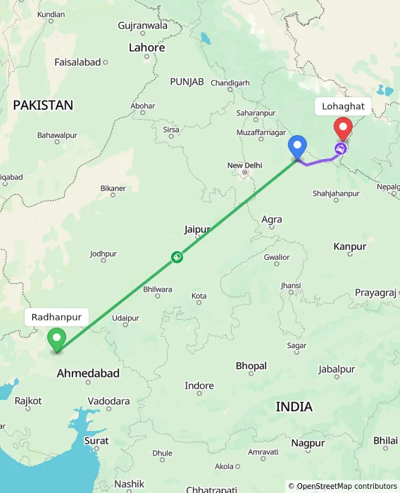 Route map showing distance and travel time from Radhanpur, India to Lohaghat, India