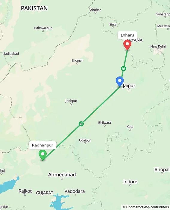 Route map showing distance and travel time from Radhanpur, India to Loharu, India