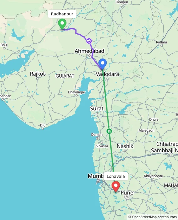 Route map showing distance and travel time from Radhanpur, India to Lonavala, India