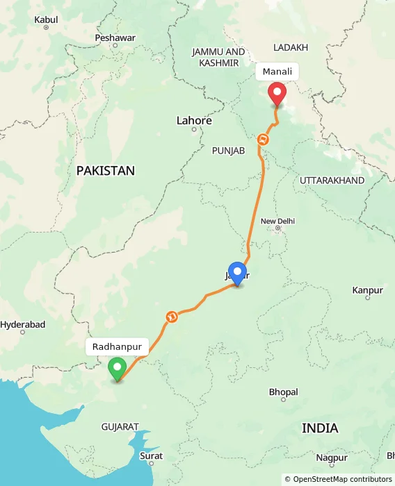 Route map showing distance and travel time from Radhanpur, India to Manali, India