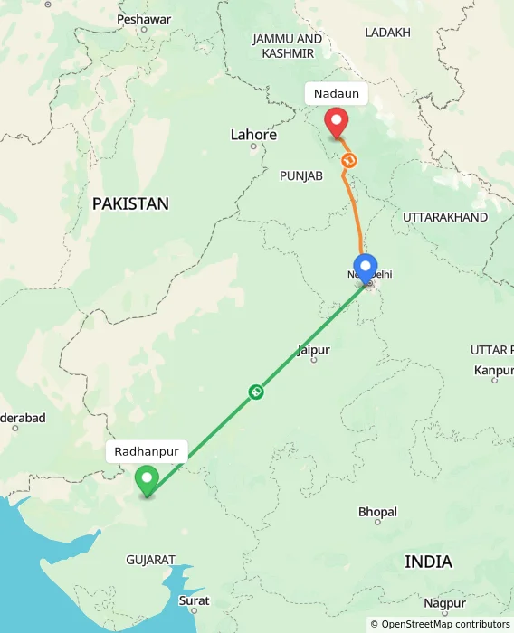 Route map showing distance and travel time from Radhanpur, India to Nadaun, India