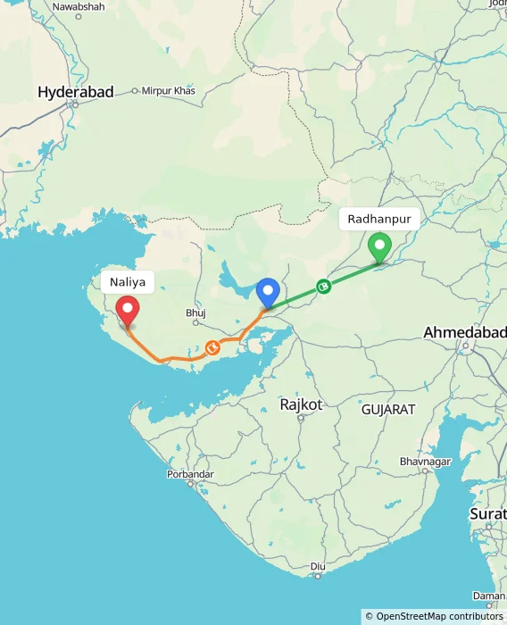 Route map showing distance and travel time from Radhanpur, India to Naliya, India