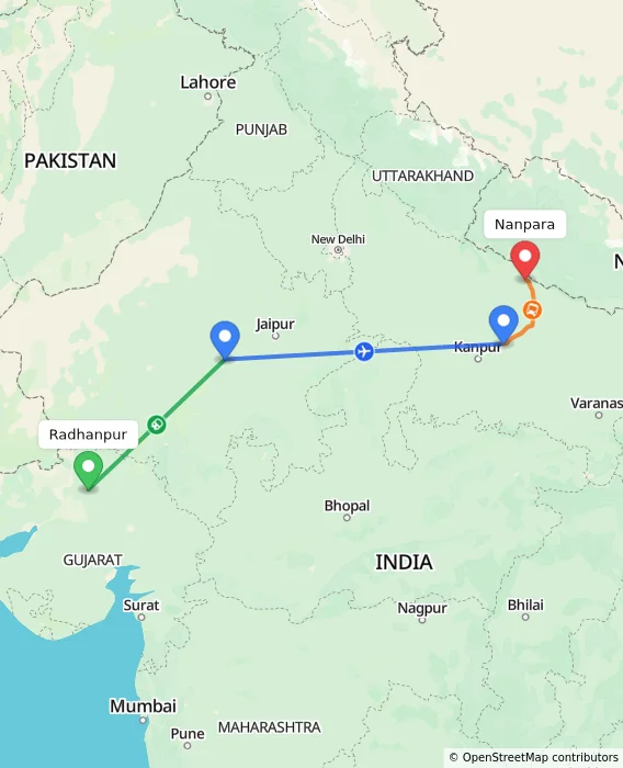 Route map showing distance and travel time from Radhanpur, India to Nanpara, India