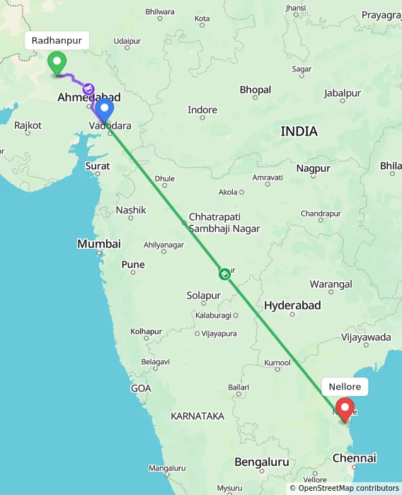 Route map showing distance and travel time from Radhanpur, India to Nellore, India