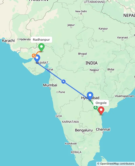 Route map showing distance and travel time from Radhanpur, India to Ongole, India