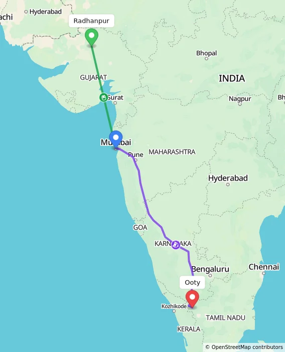 Route map showing distance and travel time from Radhanpur, India to Ooty, India
