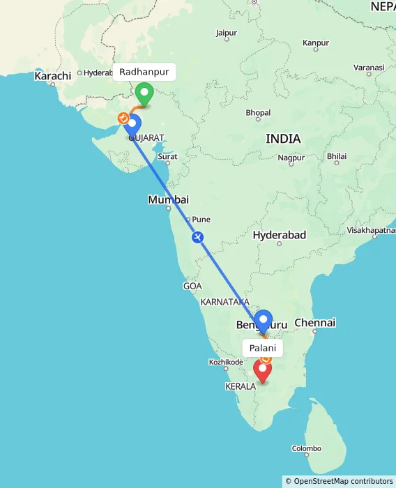 Route map showing distance and travel time from Radhanpur, India to Palani, India