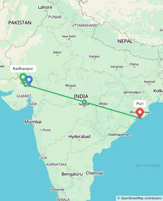 Route map showing distance and travel time from Radhanpur, India to Puri, India