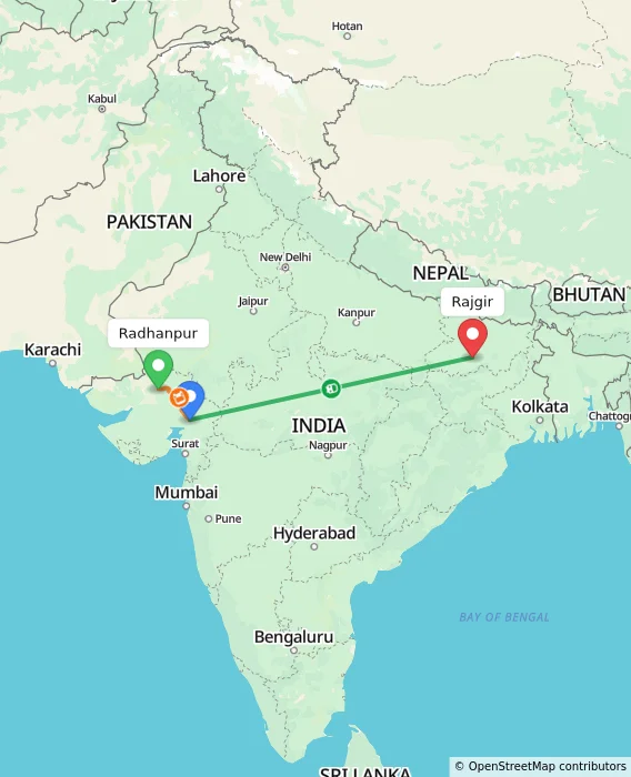 Route map showing distance and travel time from Radhanpur, India to Rajgir, India