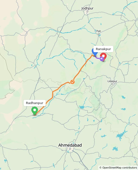 Route map showing distance and travel time from Radhanpur, India to Ranakpur, India