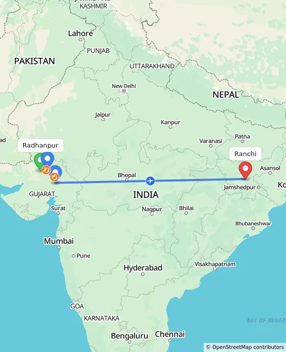 Route map showing distance and travel time from Radhanpur, India to Ranchi, India