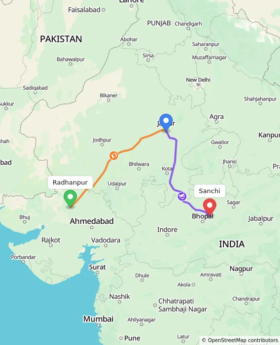 Route map showing distance and travel time from Radhanpur, India to Sanchi, India