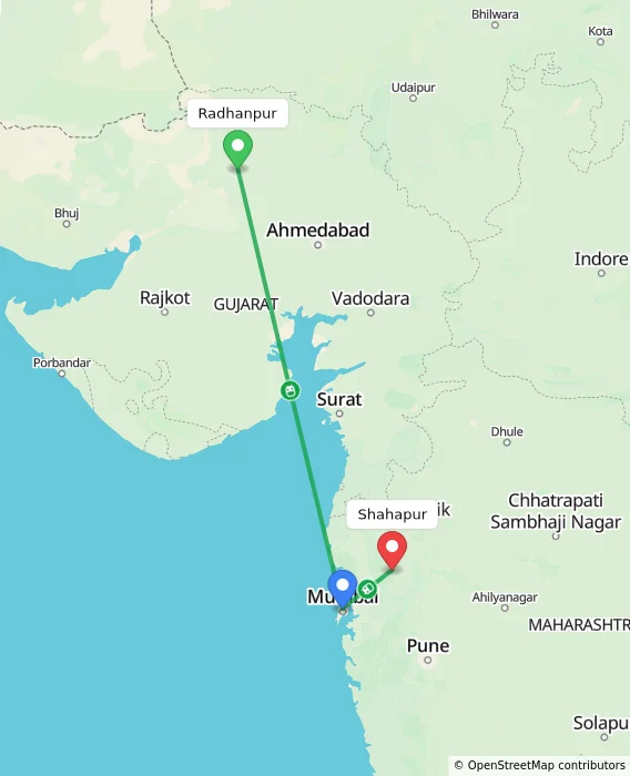 Route map showing distance and travel time from Radhanpur, India to Shahapur, India