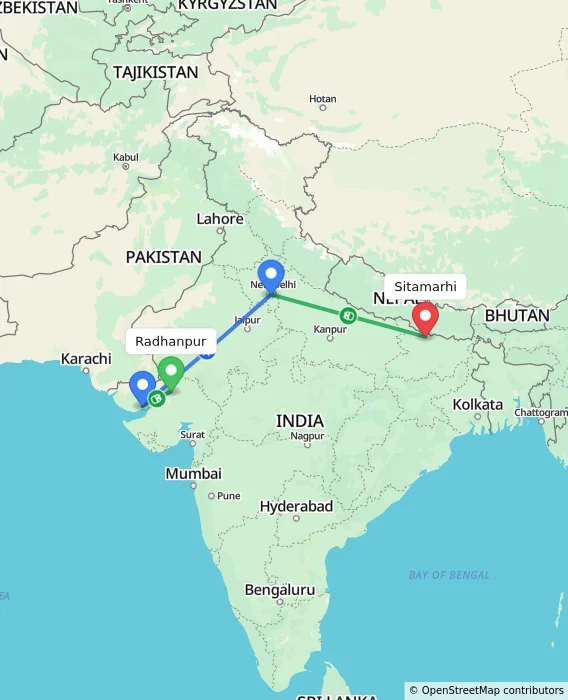 Route map showing distance and travel time from Radhanpur, India to Sitamarhi, India