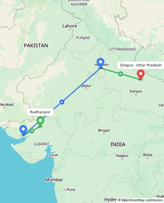 Route map showing distance and travel time from Radhanpur, India to Sitapur, Uttar Pradesh, India