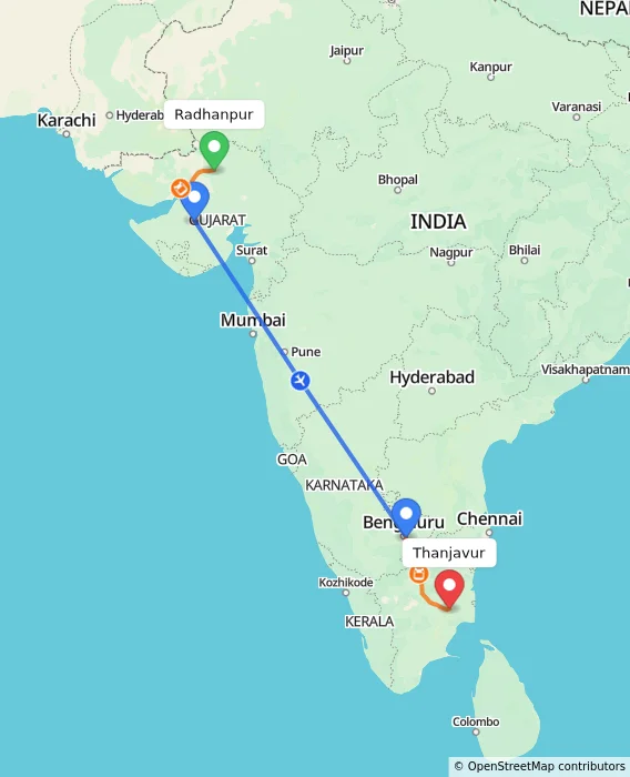 Route map showing distance and travel time from Radhanpur, India to Thanjavur, India