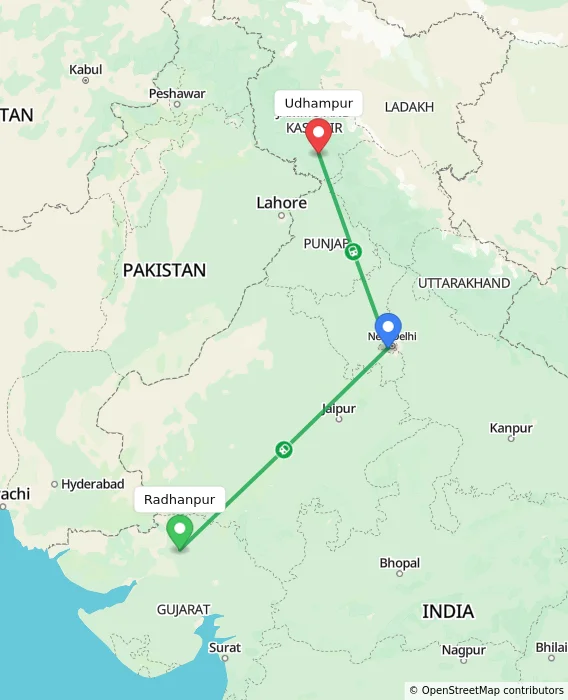 Route map showing distance and travel time from Radhanpur, India to Udhampur, India