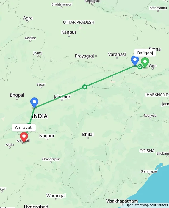 Route map showing distance and travel time from Rafiganj, India to Amravati, India