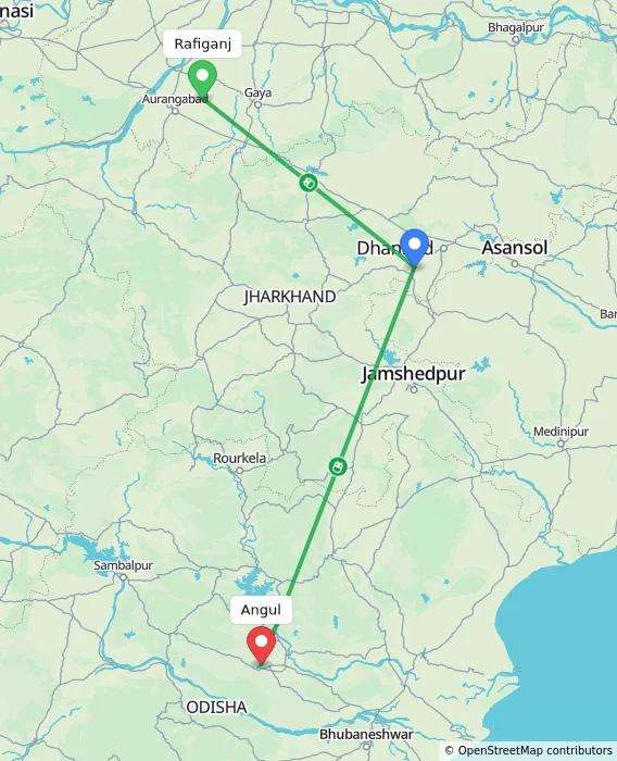 Route map showing distance and travel time from Rafiganj, India to Angul, India