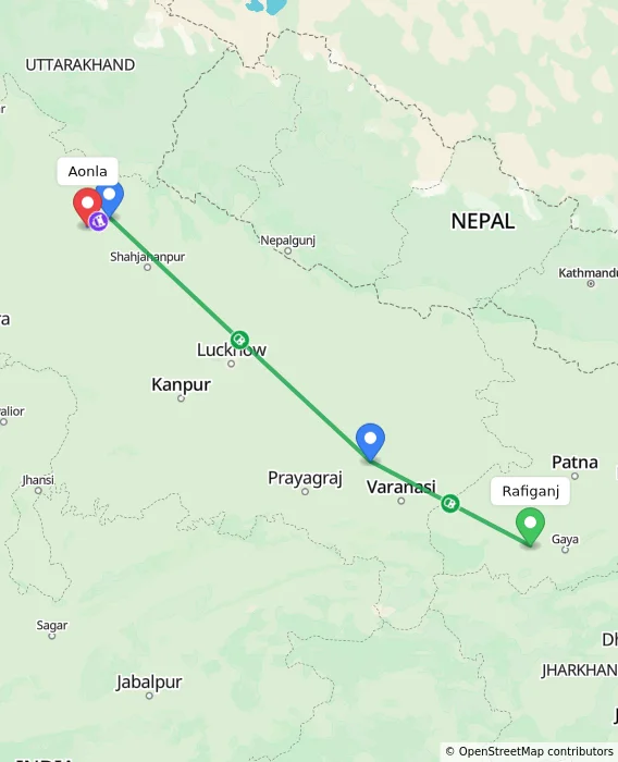 Route map showing distance and travel time from Rafiganj, India to Aonla, India