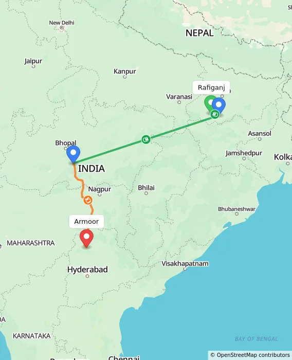 Route map showing distance and travel time from Rafiganj, India to Armoor, India