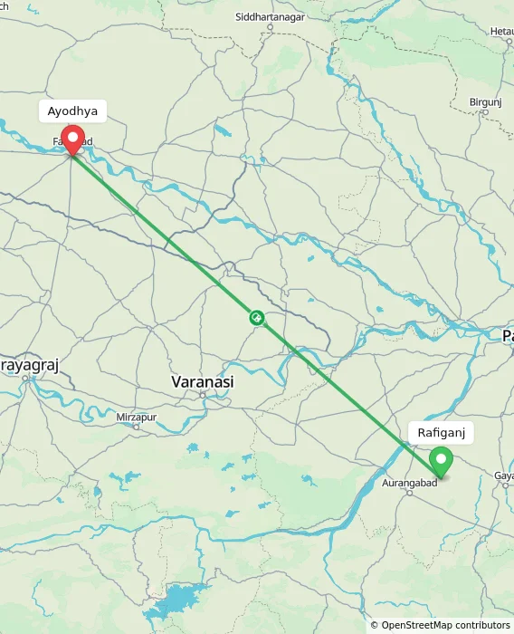 Route map showing distance and travel time from Rafiganj, India to Ayodhya, India