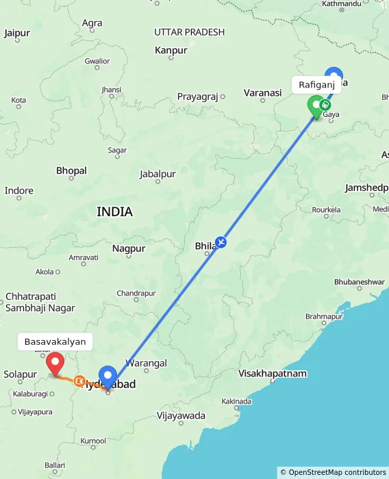 Route map showing distance and travel time from Rafiganj, India to Basavakalyan, India