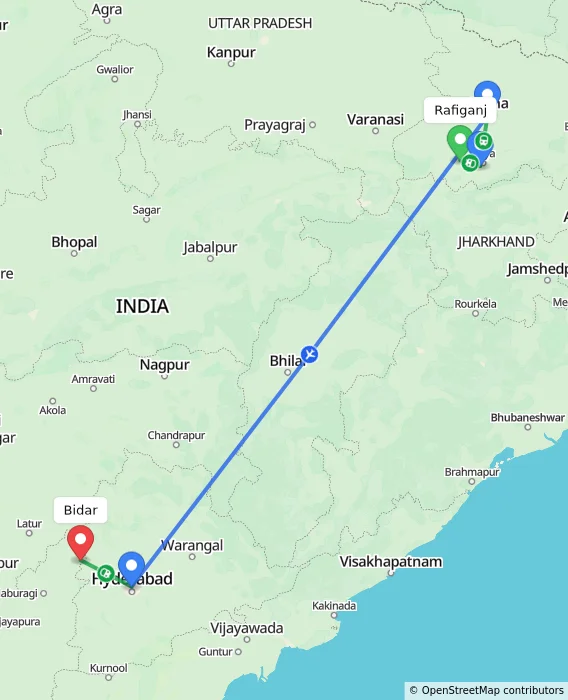 Route map showing distance and travel time from Rafiganj, India to Bidar, India