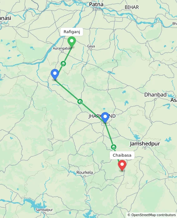 Route map showing distance and travel time from Rafiganj, India to Chaibasa, India