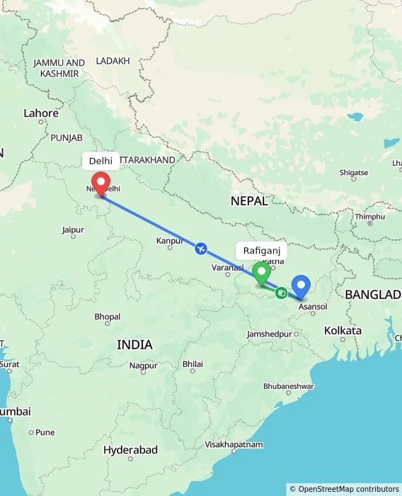 Route map showing distance and travel time from Rafiganj, India to Delhi, India