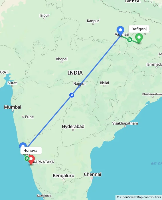 Route map showing distance and travel time from Rafiganj, India to Honavar, India