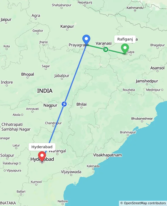 Route map showing distance and travel time from Rafiganj, India to Hyderabad, India
