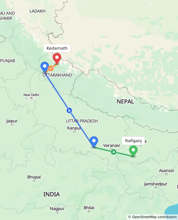 Route map showing distance and travel time from Rafiganj, India to Kedarnath, India
