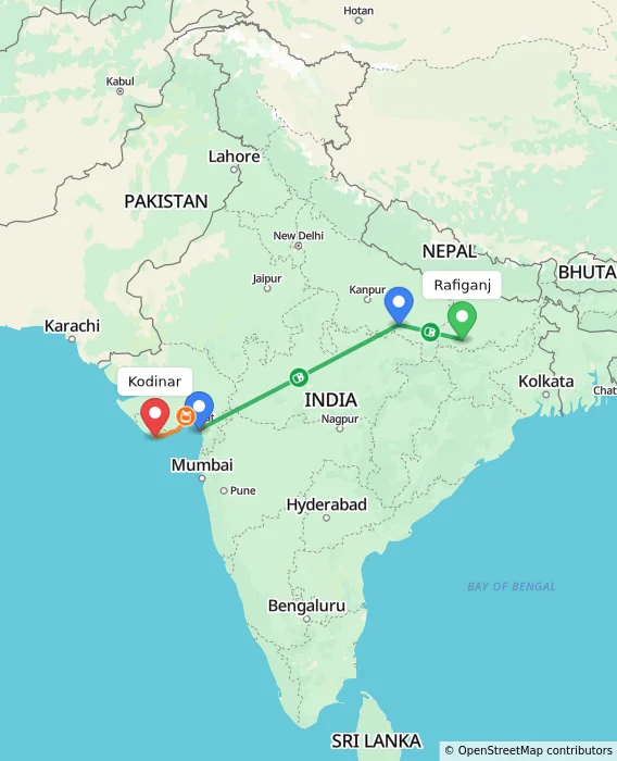 Route map showing distance and travel time from Rafiganj, India to Kodinar, India
