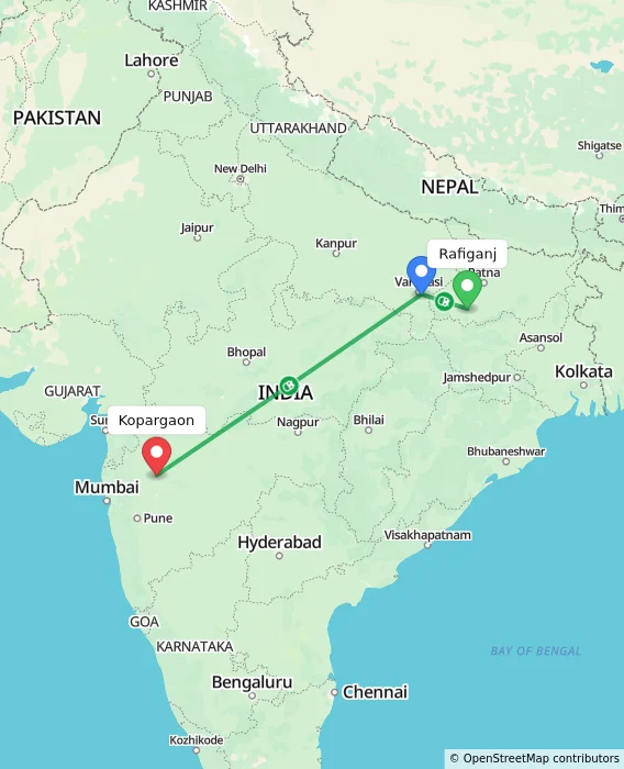 Route map showing distance and travel time from Rafiganj, India to Kopargaon, India